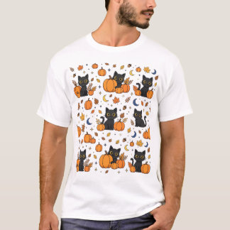 Black Cats Pumpkin Patch Halloween Pattern T-Shirt