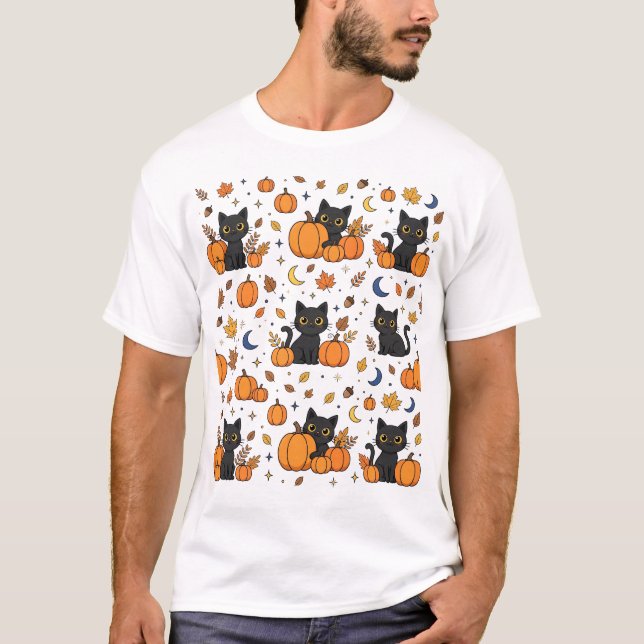 Black Cats Pumpkin Patch Halloween Pattern T-Shirt (Front)