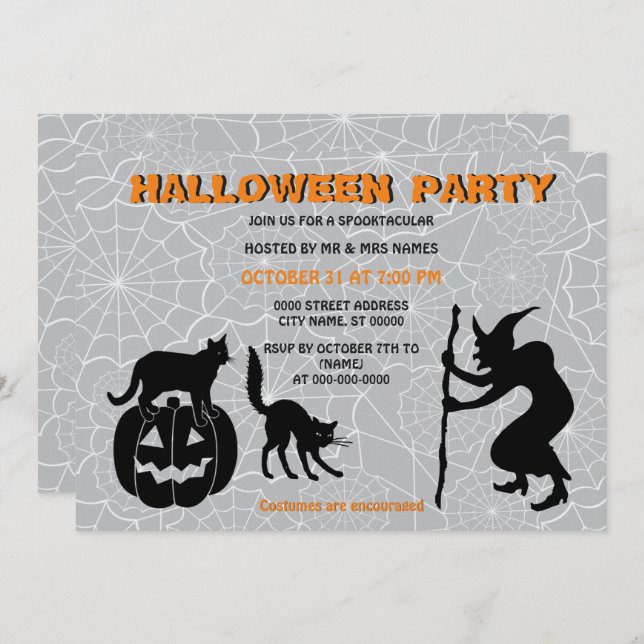 Black Cats Pumpkin & Sorcerer Halloween Invitation (Front/Back)