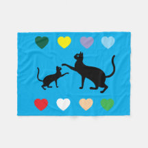 Black Cats & Rainbow Hearts on Blue Fleece Blanket