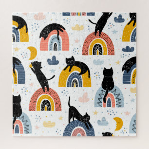 Black Cats Rainbows Fantasy Pattern Jigsaw Puzzle