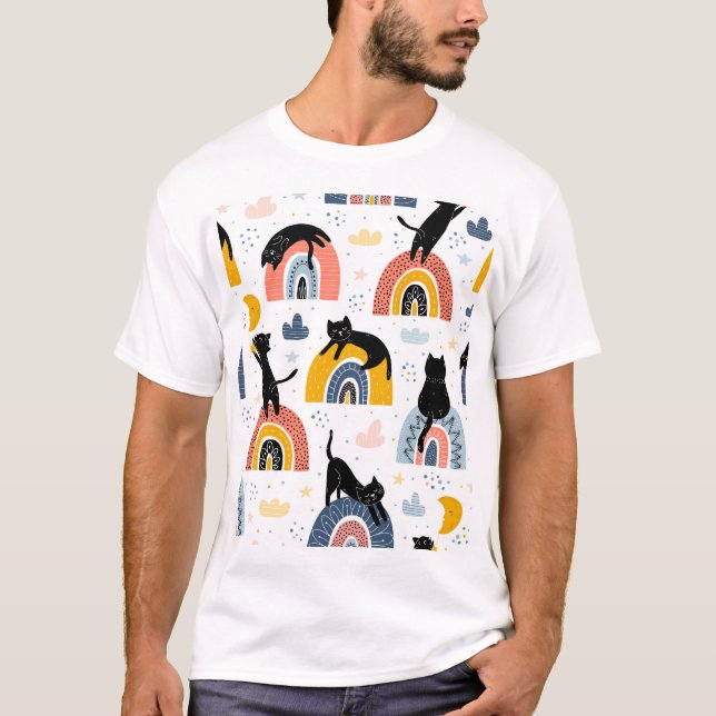 Black Cats Rainbows Fantasy Pattern T-Shirt (Front)