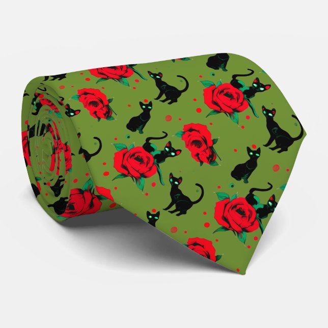 Black Cats Red Roses Pattern Dark Valentine Tie (Rolled)