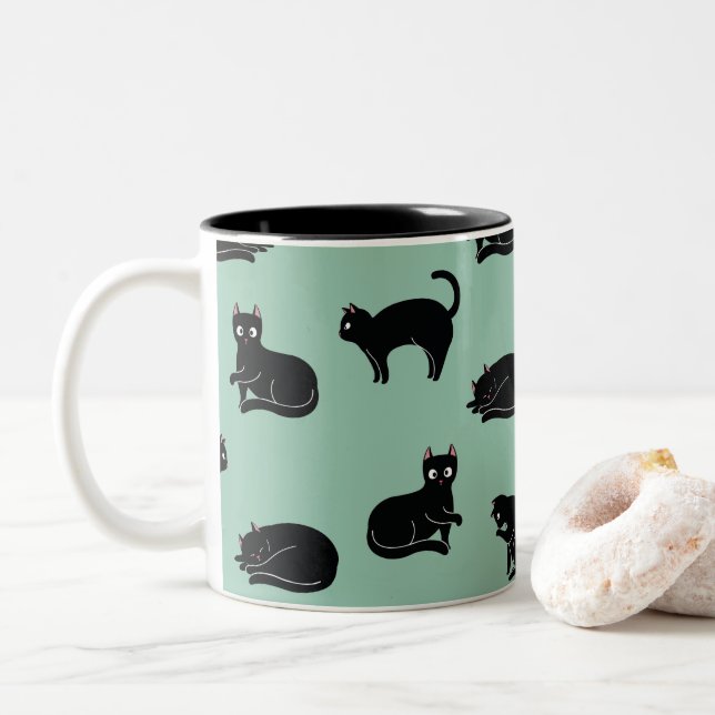 Black Cats Seamless Pattern Two-Tone Coffee Mug (With Donut)