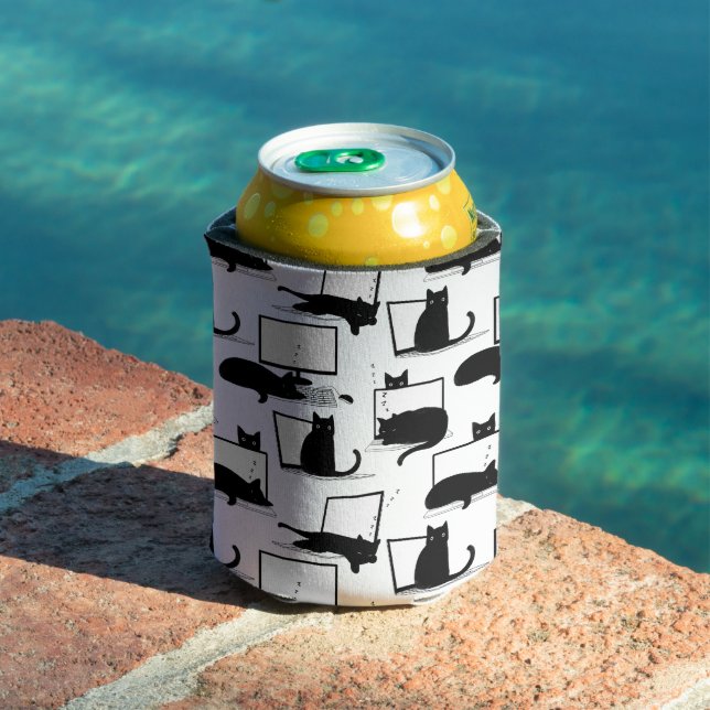 Black Cats Sitting on Laptops Pattern Can Cooler (In Situ Pool)