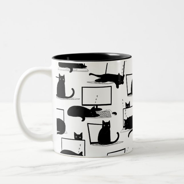 Black Cats Sitting on Laptops Pattern Coffee Mug (Left)