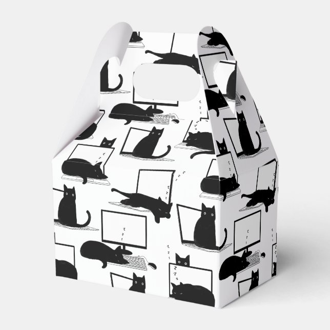 Black Cats Sitting on Laptops Pattern Favour Box (Front Side)