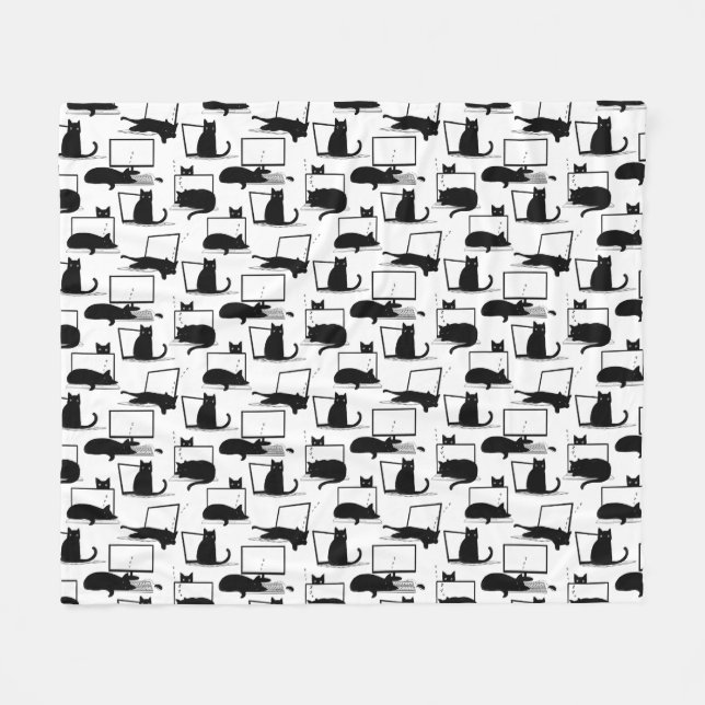 Black Cats Sitting on Laptops Pattern Fleece Blanket (Front (Horizontal))