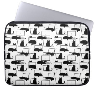Black Cats Sitting on Laptops Pattern Laptop Sleeve