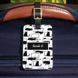 Black Cats Sitting on Laptops Pattern Luggage Tag