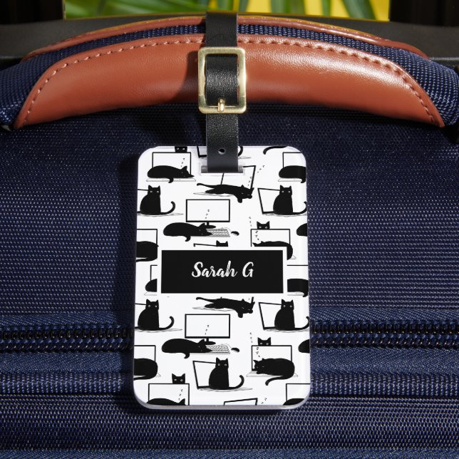 Black Cats Sitting on Laptops Pattern Luggage Tag (Front Insitu 2)