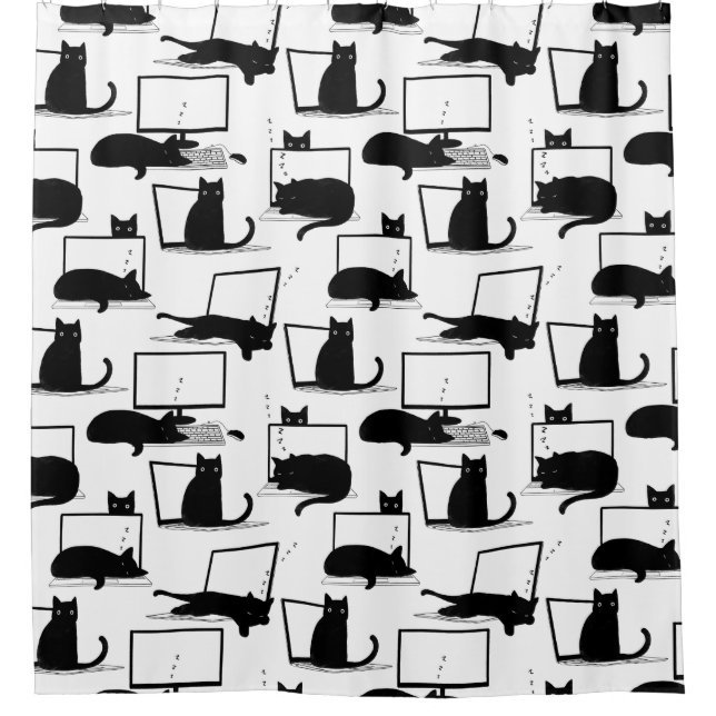 Black Cats Sitting on Laptops Pattern Shower Curtain (Front)