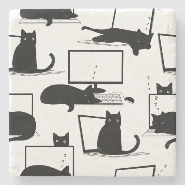 Black Cats Sitting on Laptops Pattern Stone Coaster (Front)