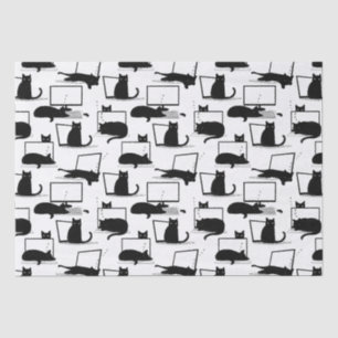 Black Cats Sitting on Laptops Pattern Tissue Paper