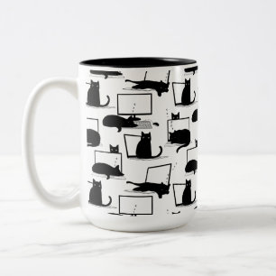 Black Cats Sitting on Laptops Pattern Two-Tone Coffee Mug