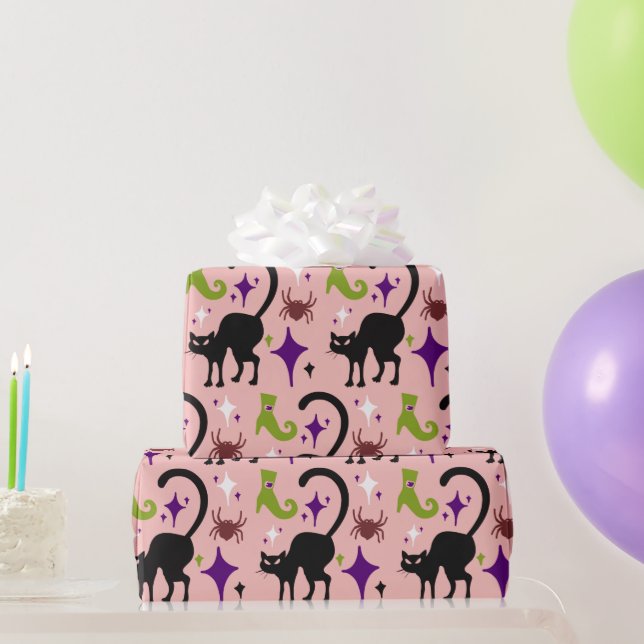 Black Cats Spiders Lime Witch's Boots Halloween Wrapping Paper (Party Gifts)