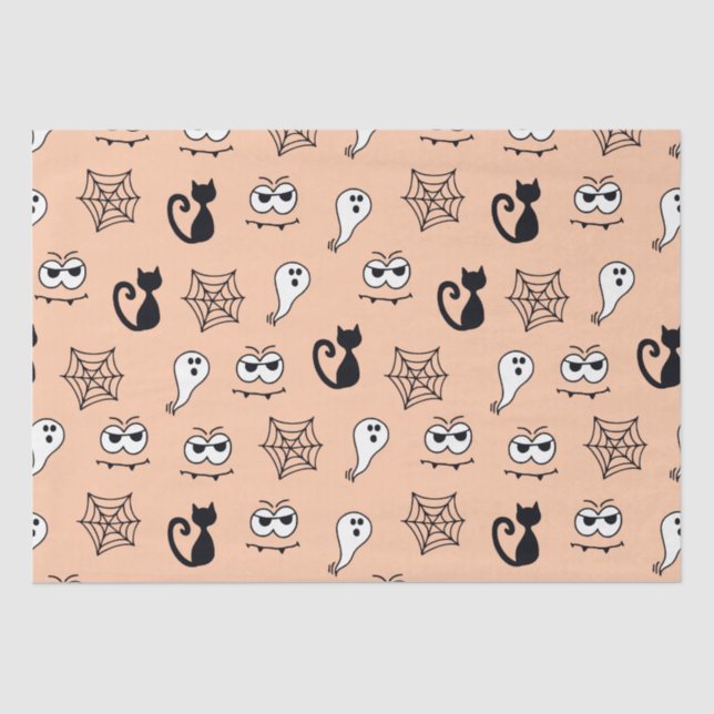 Black Cats Spiderwebs and Ghosts Orange Halloween Tissue Paper (Front)