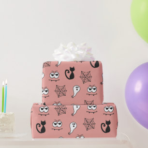Black Cats Spiderwebs and Ghosts Pink Halloween Wrapping Paper