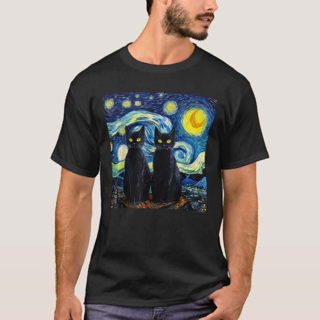 Black Cats Starry Night Vincent van Gogh  T-Shirt (Front)