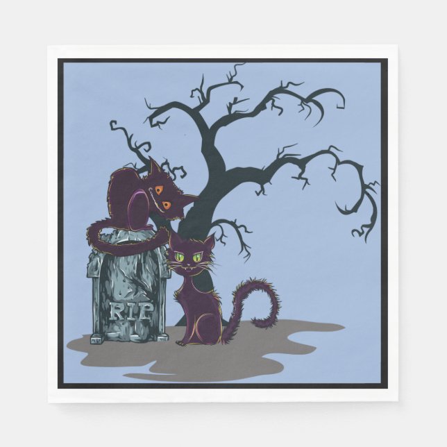 Black Cats Tombstone Dead Tree Halloween Napkin (Front)