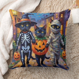 Black Cats Trick-or-Treating in Halloween Costumes Cushion