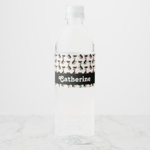 Black cats with colourful bow ties water bottle label