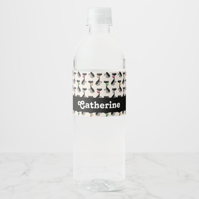 Black cats with colourful bow ties  water bottle label (Front)