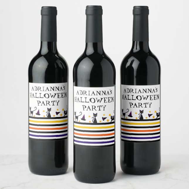 Black Cats with Halloween Stripes Custom Party Wine Label (Bottles)
