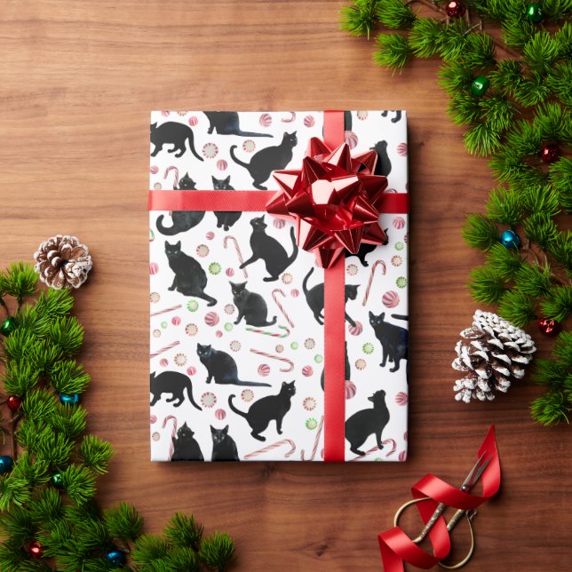 Black Cats with Peppermint Candy Wrapping Paper (Holiday Gift)