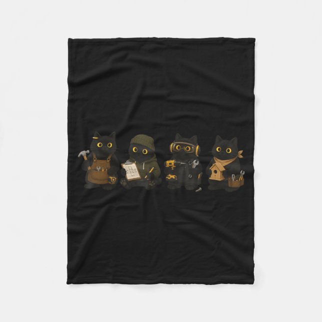 Black Cats Woodworking Carpenter Cat Funny Fleece Blanket (Front)