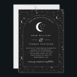 Black Celestial Arched Wedding Invitation Photo<br><div class="desc">A celestial moon and star themed wedding invitation with a black background and white text with elements. You can also add your own photo on the back. Customise the colour of the star pattern,  background,  arch fill and moon element!</div>