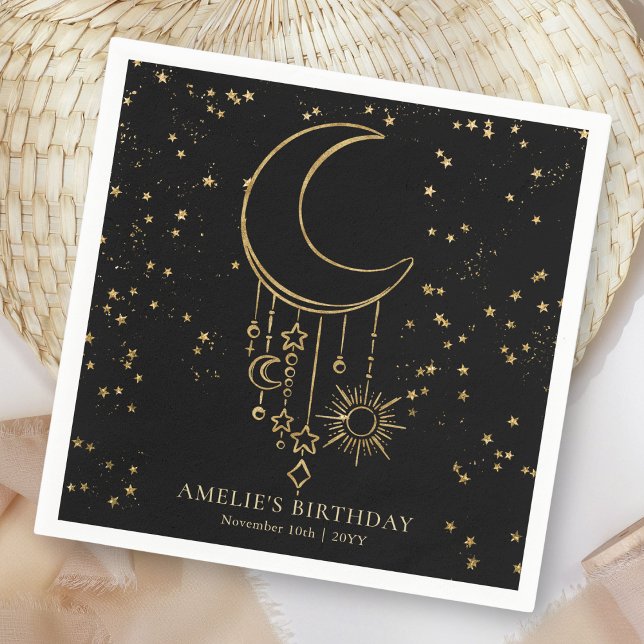 Black Celestial Star Moon Birthday Napkin (Creator Uploaded)