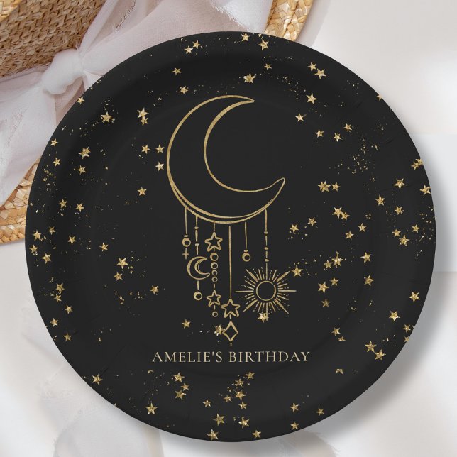 Black Celestial Star Moon Birthday Paper Plate (Creator Uploaded)