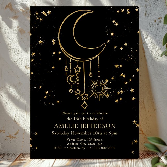Black Celestial Star Moon Mystical Birthday  Invitation (Creator Uploaded)