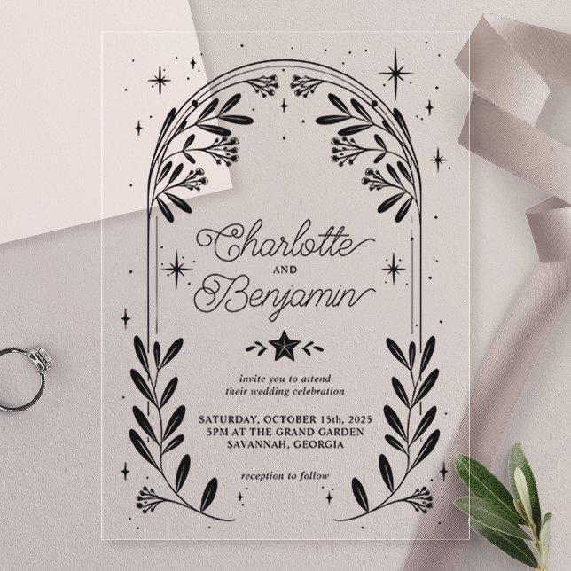 Black Celestial Starry Floral Arch Wedding Acrylic Invitations (Creator Uploaded)
