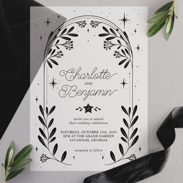 Black Celestial Starry Floral Arch Wedding Vellum Invitations (Creator Uploaded)