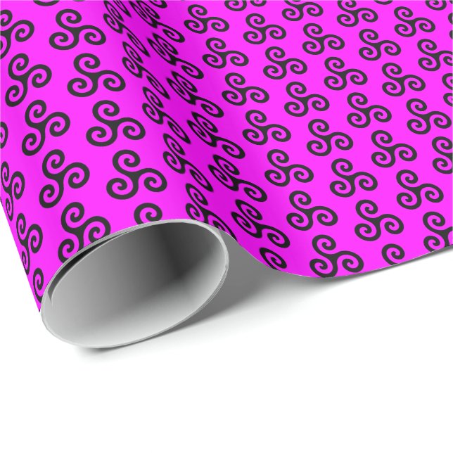 Black Celtic Triple Spiral Triskele on Pink Wrapping Paper (Roll Corner)