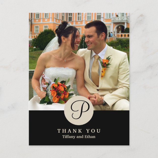 Black centre classic monogram photo thank you note postcard (Front)