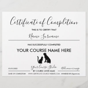 Black certificate of completion pet cat dog
