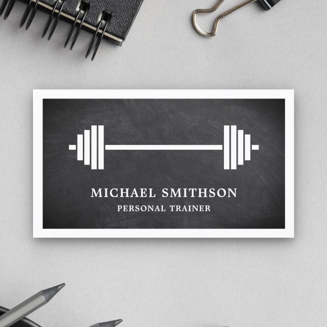 Black Chalkboard Barbell Fitness Personal Trainer Business Card (Creator Uploaded)