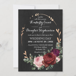 Black Chalkboard Burgundy Gold Rose Boho Wedding Invitation