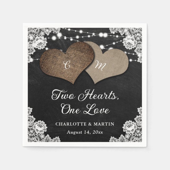 Black Chalkboard Burlap Lace Monogram Wedding Napkin (Front)