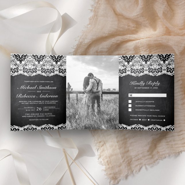 Black Chalkboard Country Lace All in One Wedding Tri-Fold Invitation (Creator Uploaded)