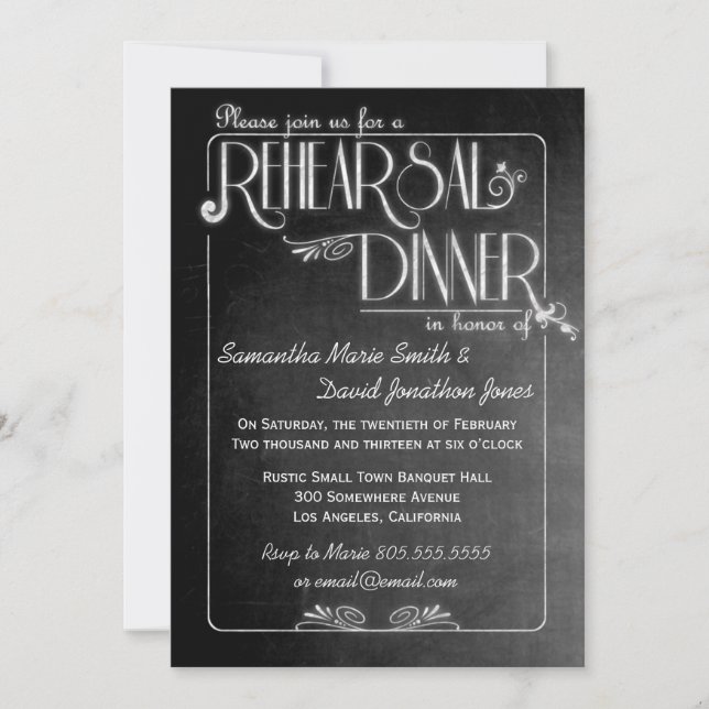 Black Chalkboard Elegant Rehearsal Dinner Invite (Front)