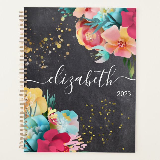 Black Chalkboard Floral Girly Name Any Year Planner (Front)
