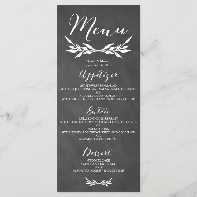 Black Chalkboard Floral Wedding Menu Card (Front)