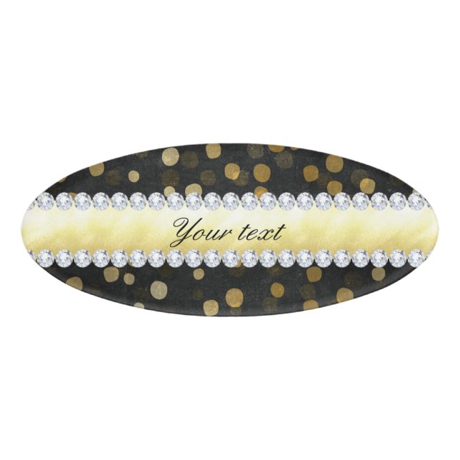 Black Chalkboard Gold Confetti Diamonds Name Tag (Front)