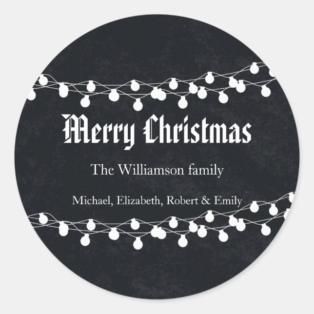 Black Chalkboard Holiday Christmas Lights Classic Round Sticker (Front)