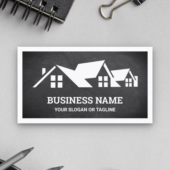 Black Chalkboard House Roofing Construction Roofer Business Card (Creator Uploaded)
