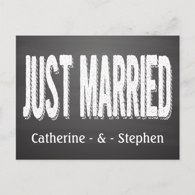 Black Chalkboard Just Married Wedding Announcement Postcard (Front)